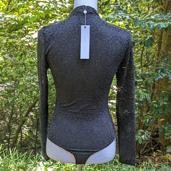 JONATHAN SIMKHAI Stretch Lace Bodysuit Long Sleeves in Semi Sheer Black Sz Small - Picture 11 of 11